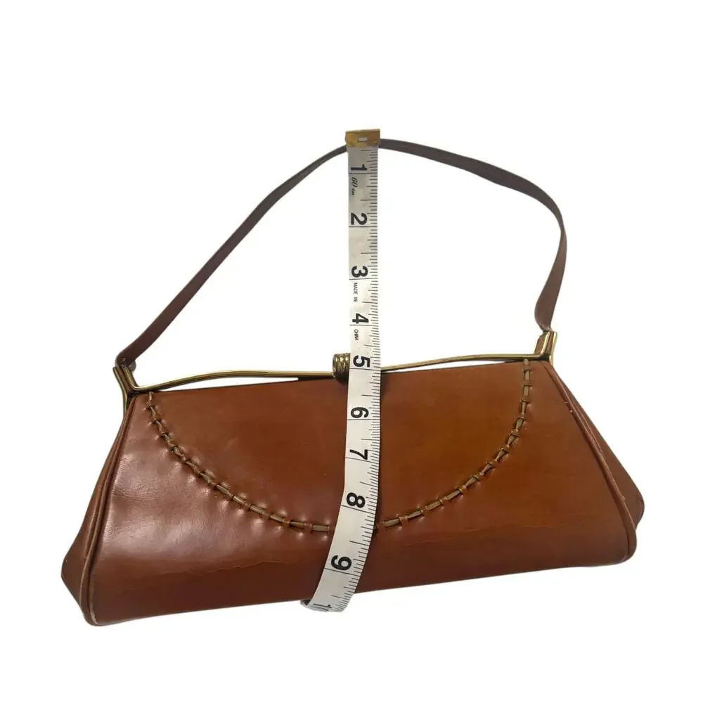 Vintage 1950s Brown Leather Frame Clutch Shoulder Bag Whipstitch